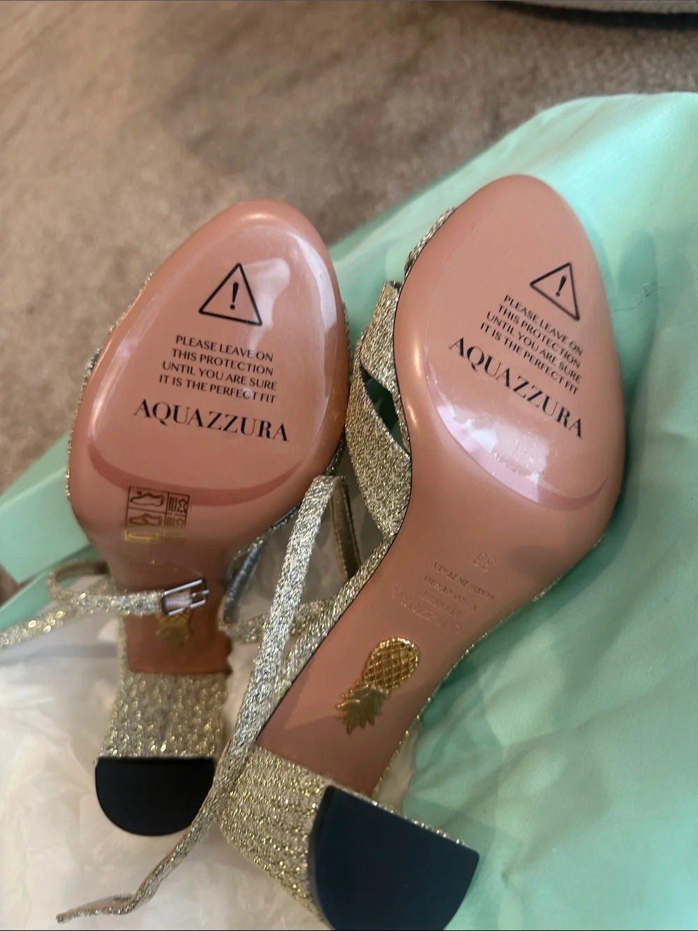 Aquazzura Silver/Gold Glitter Knot-Strap Block Heel Sandals